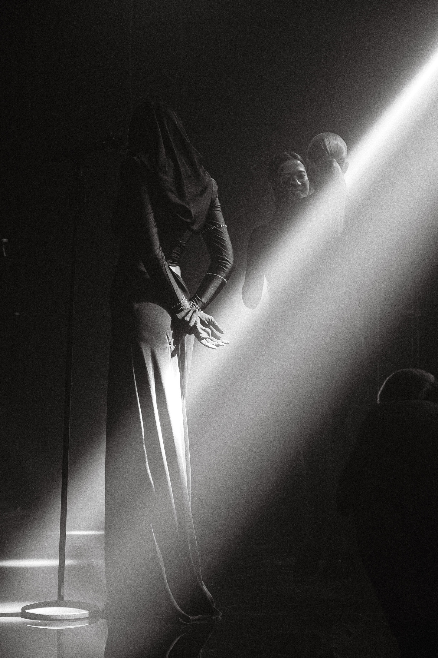 Back view of a singer at a microphone, with figures and a diagonal beam of light